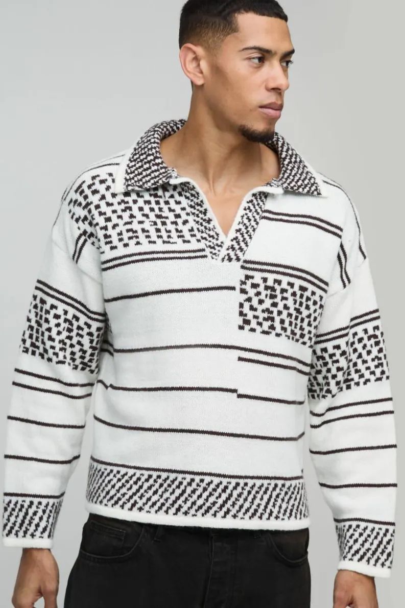 Best boohooMAN Oversized Boxy Brushed Patterned Knitted Polo Jumper white