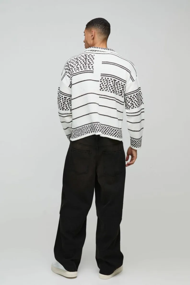 Best boohooMAN Oversized Boxy Brushed Patterned Knitted Polo Jumper white