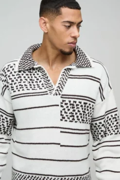 Best boohooMAN Oversized Boxy Brushed Patterned Knitted Polo Jumper white