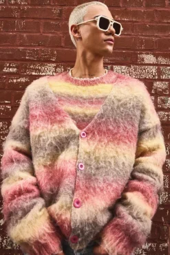 Online boohooMAN Oversized Boxy Brushed Stripe Knitted Cardigan red