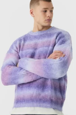 Fashion boohooMAN Oversized Boxy Brushed Stripe Knitted Jumper purple