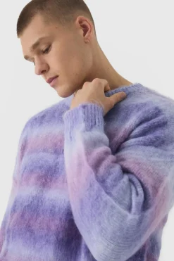 Fashion boohooMAN Oversized Boxy Brushed Stripe Knitted Jumper purple
