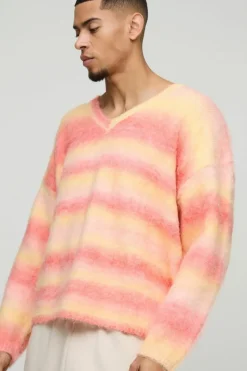 Online boohooMAN Oversized Boxy Brushed Stripe V Neck Knitted Jumper orange