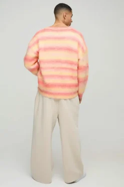 Online boohooMAN Oversized Boxy Brushed Stripe V Neck Knitted Jumper orange