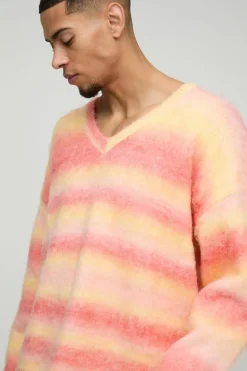 Online boohooMAN Oversized Boxy Brushed Stripe V Neck Knitted Jumper orange