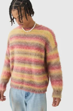 Fashion boohooMAN Oversized Boxy Brushed Stripe Knitted Jumper red