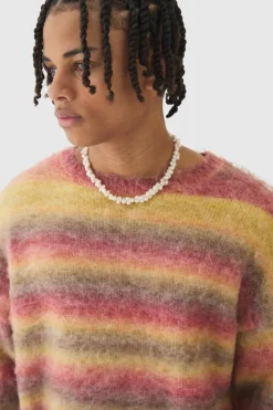 Fashion boohooMAN Oversized Boxy Brushed Stripe Knitted Jumper red