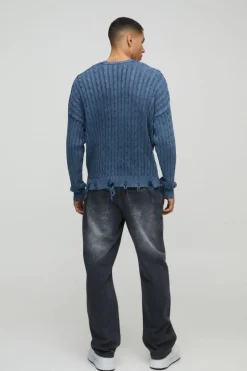 Discount boohooMAN Oversized Boxy Cable Knit Acid Wash Knitted Jumper blue