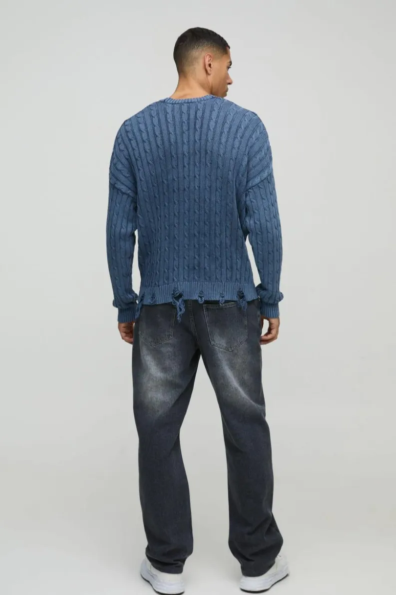Discount boohooMAN Oversized Boxy Cable Knit Acid Wash Knitted Jumper blue