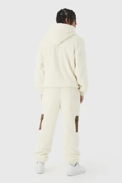 Clearance boohooMAN Oversized Boxy Cargo Pocket Zip Through Teddy Borg Hoodie ecru