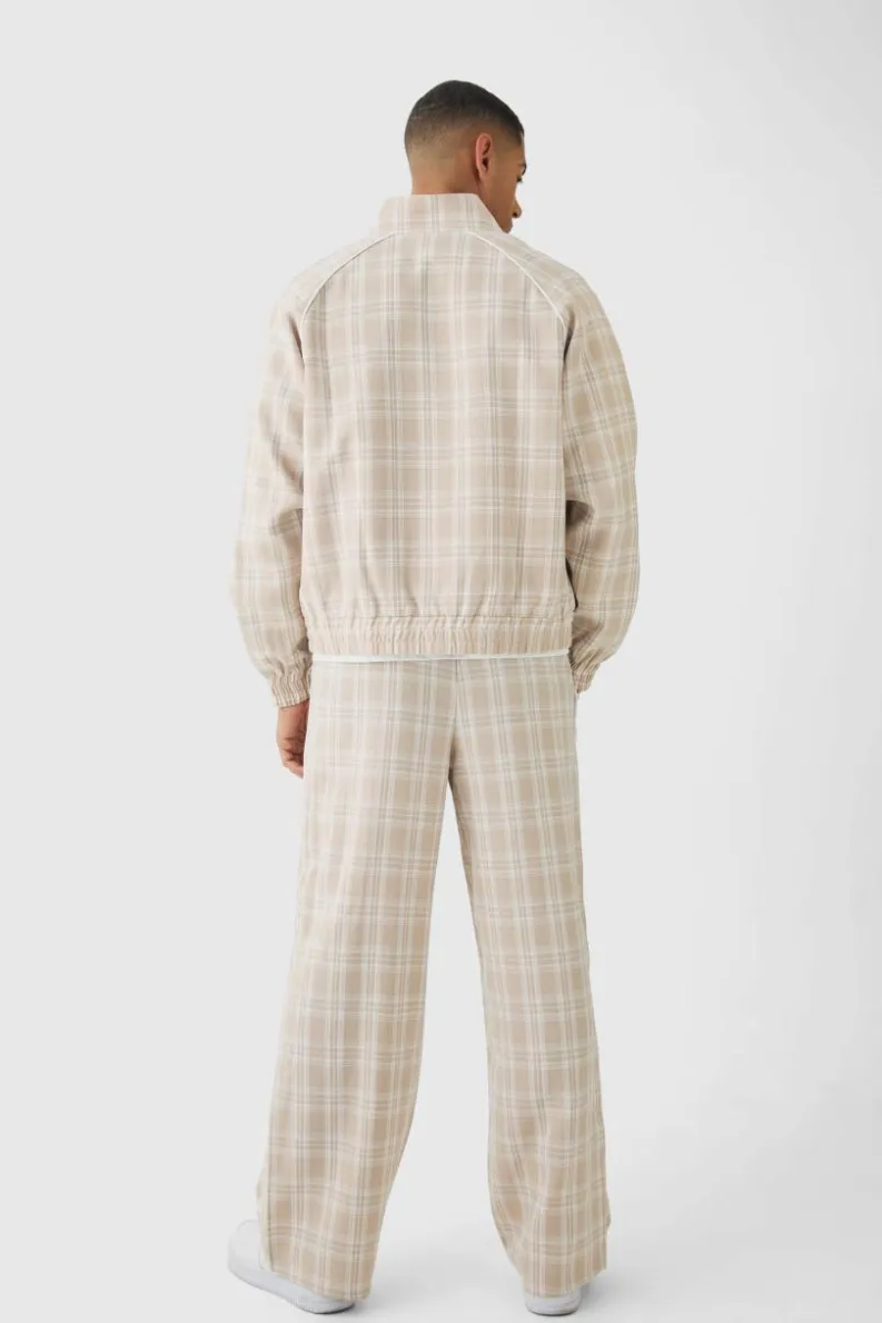 Sale boohoo Oversized Boxy Checked Funnel Neck Set beige