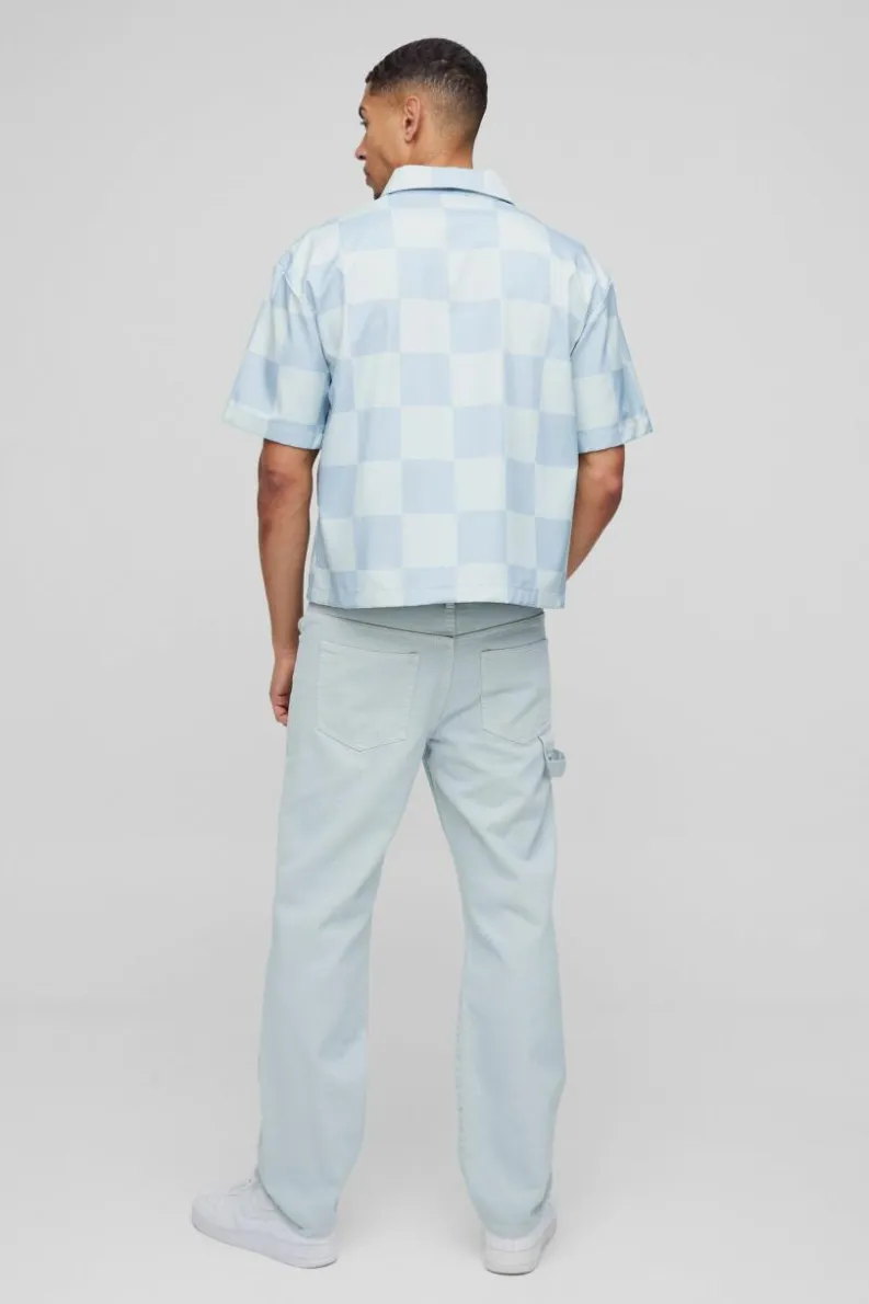 Sale boohooMAN Oversized Boxy Checkerboard Collared Shirt blue