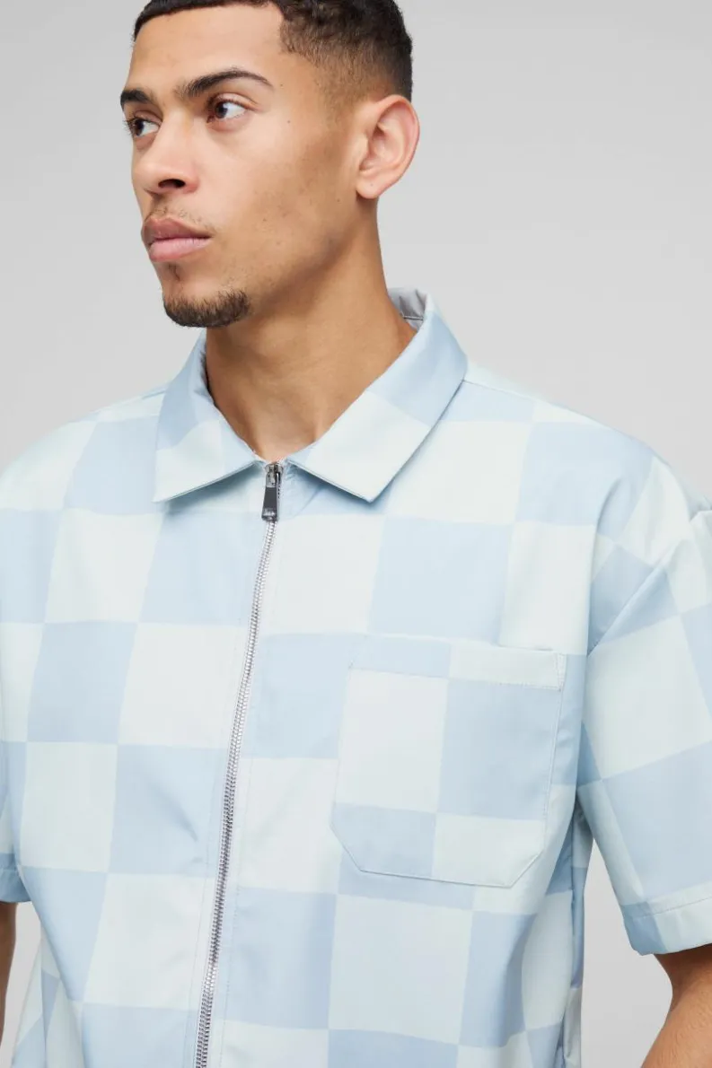 Sale boohooMAN Oversized Boxy Checkerboard Collared Shirt blue