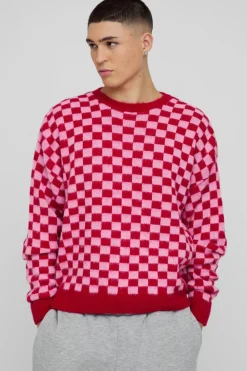 Best boohooMAN Oversized Boxy Checkered Knitted Brushed Jumper pink