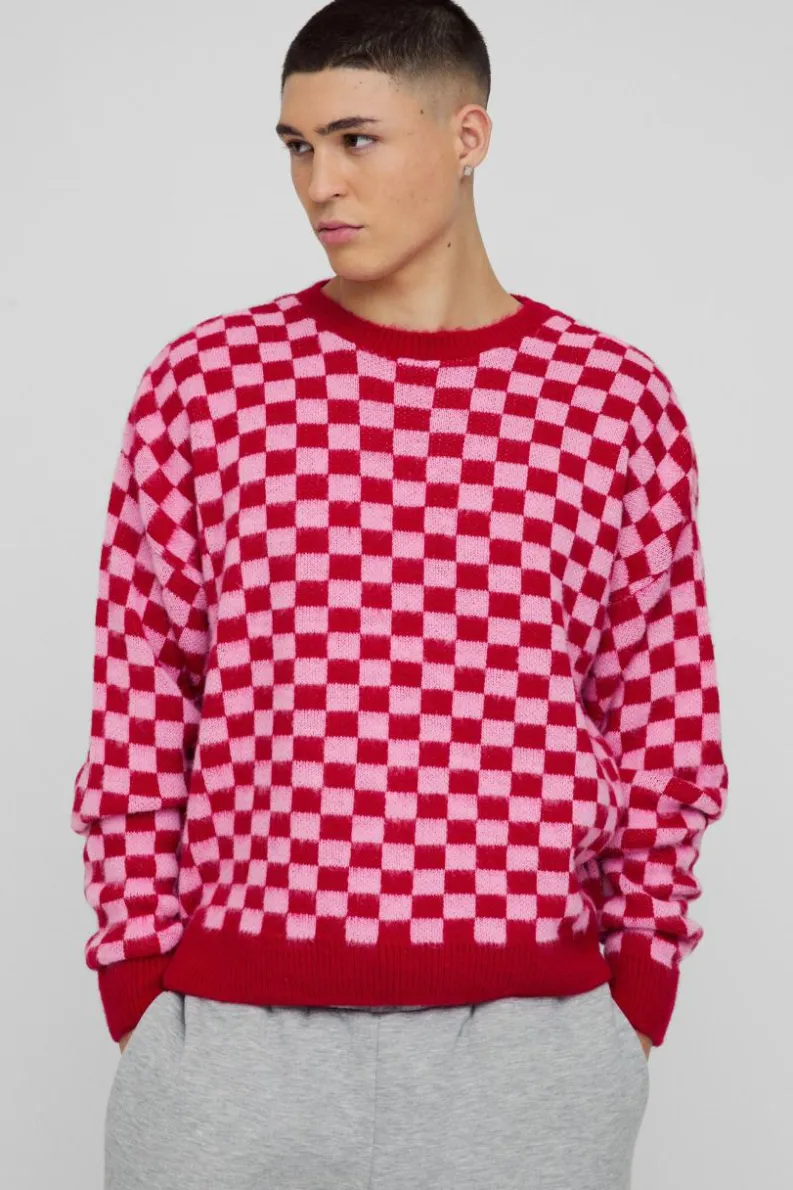 Best boohooMAN Oversized Boxy Checkered Knitted Brushed Jumper pink