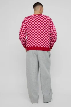 Best boohooMAN Oversized Boxy Checkered Knitted Brushed Jumper pink