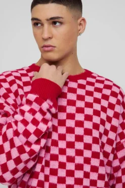 Best boohooMAN Oversized Boxy Checkered Knitted Brushed Jumper pink