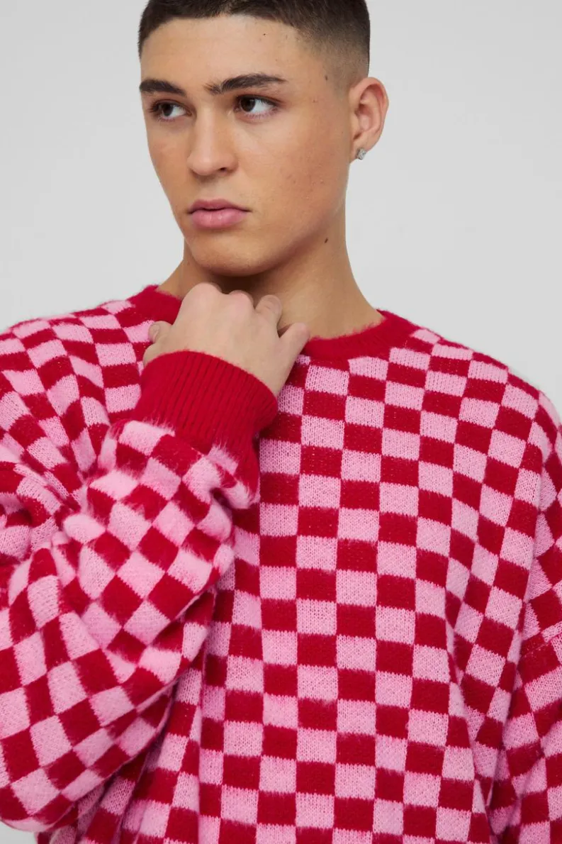Best boohooMAN Oversized Boxy Checkered Knitted Brushed Jumper pink