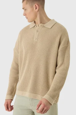 Discount boohooMAN Oversized Boxy Chunky Knit Polo Jumper stone