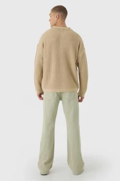 Discount boohooMAN Oversized Boxy Chunky Knit Polo Jumper stone