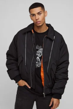 Fashion boohooMAN Oversized Boxy Collared Bomber Jacket In black