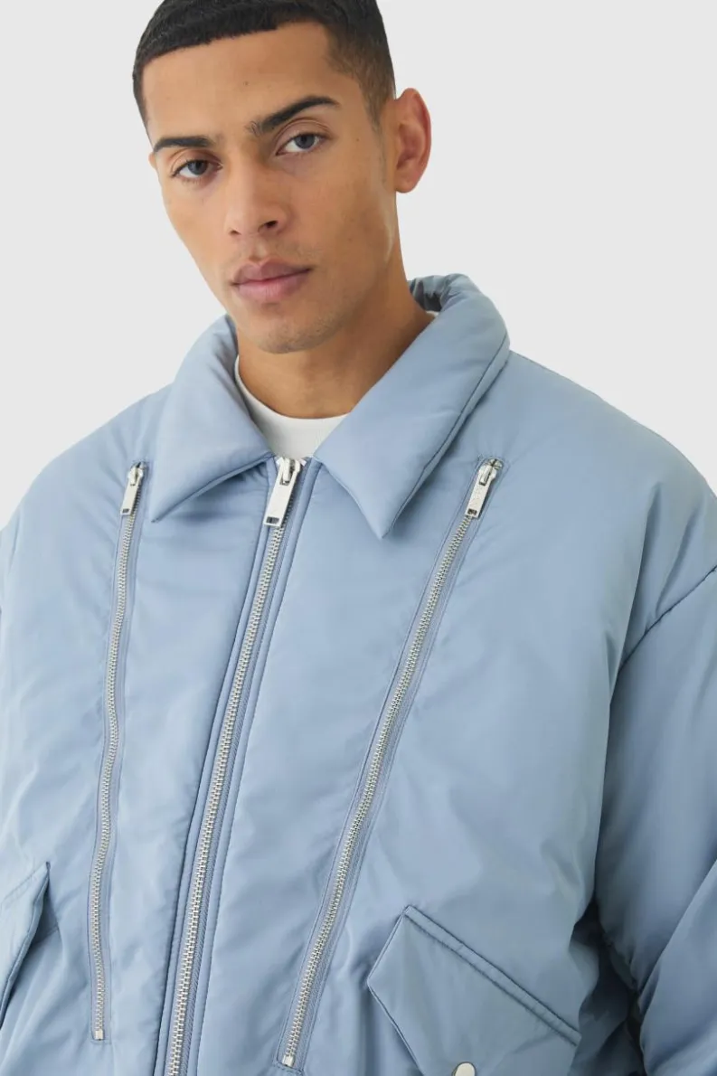 Sale boohooMAN Oversized Boxy Collared Bomber Jacket In slate