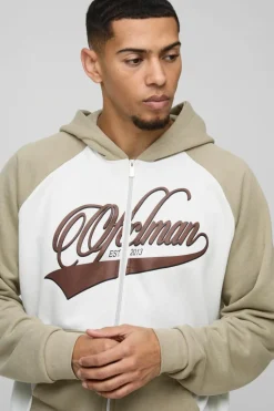 Outlet boohooMAN Oversized Boxy Colour Block Official Raglan Sleeve Zip Through Hoodie ecru