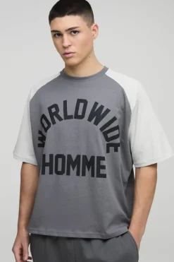 Outlet boohooMAN Oversized Boxy Colour Block Worldwide Raglan T-shirt charcoal