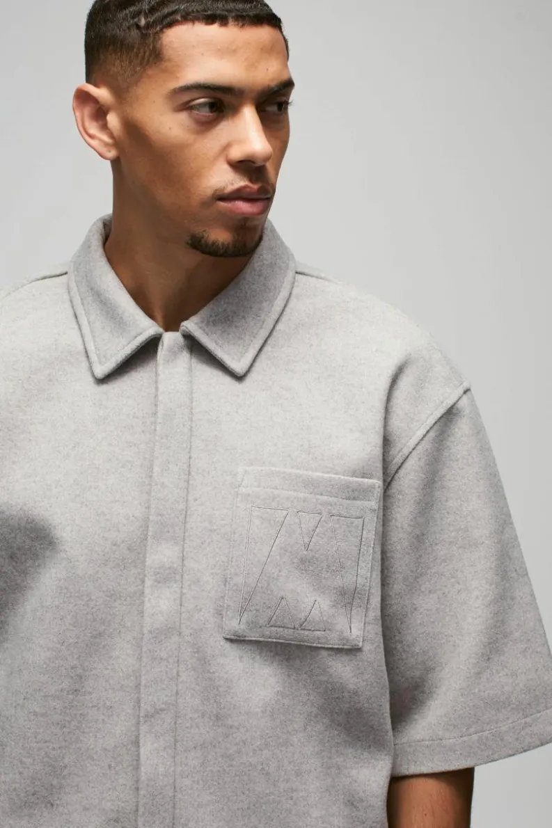 Discount boohooMAN Oversized Boxy Concealed Placket Heavyweight Melton Shirt grey