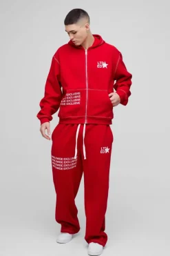 Store boohooMAN Oversized Boxy Contrast Stitch Printed Zip Through Hooded Tracksuit red