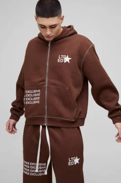 Fashion boohooMAN Oversized Boxy Contrast Stitch Printed Zip Through Hooded Tracksuit chocolate