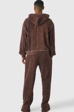 Fashion boohooMAN Oversized Boxy Contrast Stitch Acid Wash Heavy Waffle Zip Through Hooded Tracksuit chocolate