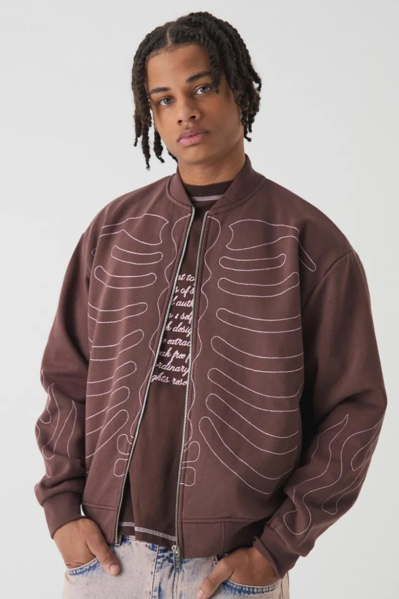 Discount boohooMAN Oversized Boxy Contrast Stitch Skull Applique Bomber Jacket brown