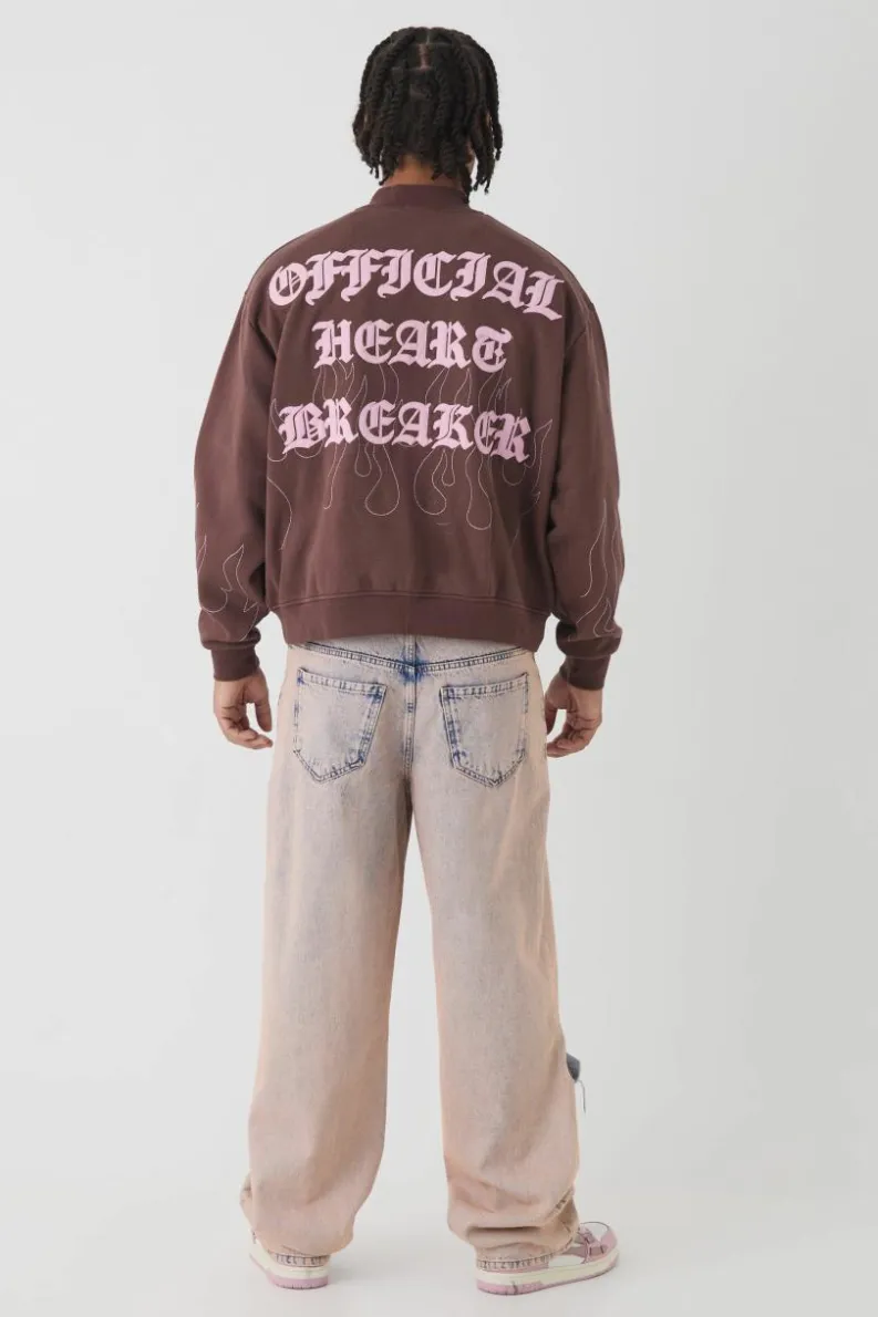 Discount boohooMAN Oversized Boxy Contrast Stitch Skull Applique Bomber Jacket brown