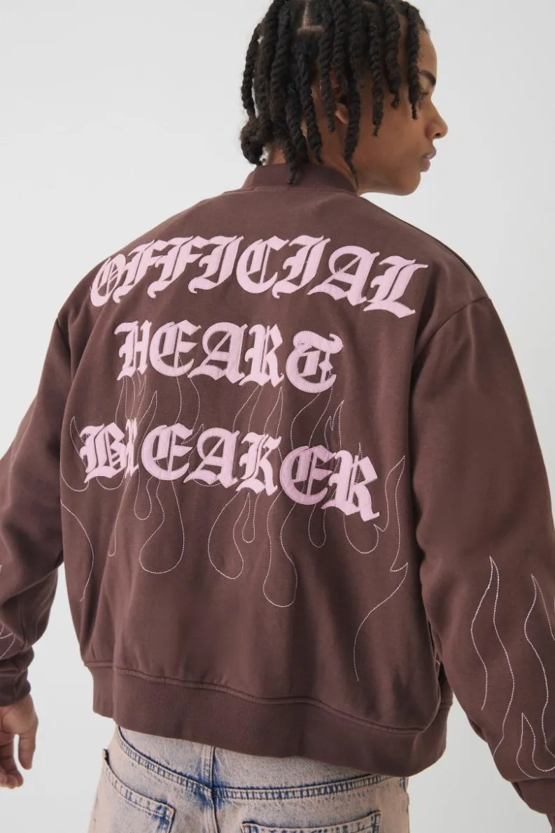 Discount boohooMAN Oversized Boxy Contrast Stitch Skull Applique Bomber Jacket brown