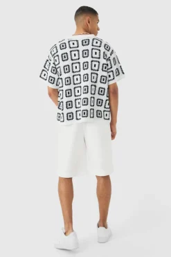 Best boohooMAN Oversized Boxy Crochet Knit Revere Shirt white