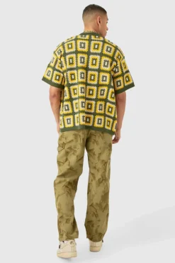 Flash Sale boohooMAN Oversized Boxy Crochet Knit Shirt In khaki