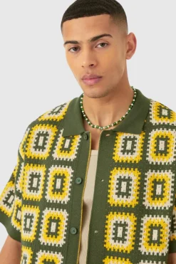 Flash Sale boohooMAN Oversized Boxy Crochet Knit Shirt In khaki