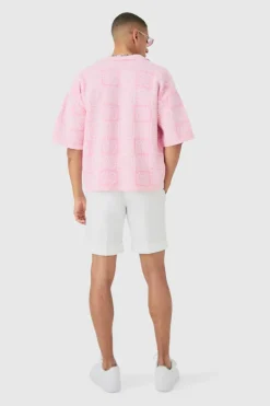 Discount boohooMAN Oversized Boxy Crochet Knitted Polo pink