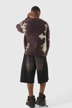 Cheap boohooMAN Oversized Boxy Cross Brushed Knitted Jumper chocolate