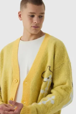 Cheap boohooMAN Oversized Boxy Cross Brushed Knitted Cardigan yellow