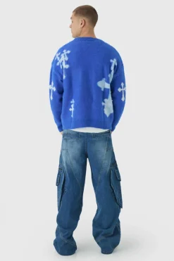 Sale boohooMAN Oversized Boxy Cross Brushed Knitted Cardigan cobalt