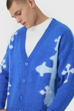 Sale boohooMAN Oversized Boxy Cross Brushed Knitted Cardigan cobalt