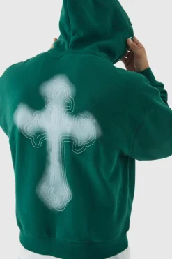 New boohooMAN Oversized Boxy Cross Embroidered Zip Through Hooded Tracksuit forest