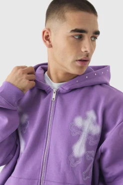 Outlet boohooMAN Oversized Boxy Cross Embroidered Zip Through Hooded Tracksuit purple