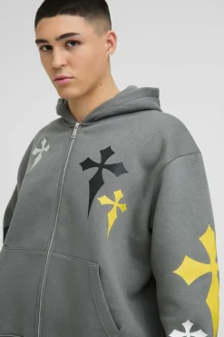 Fashion boohooMAN Oversized Boxy Cross Embroidered Printed Zip Through Hoodie charcoal