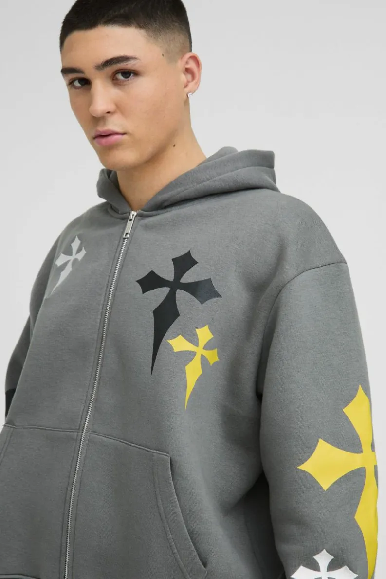 Fashion boohooMAN Oversized Boxy Cross Embroidered Printed Zip Through Hoodie charcoal