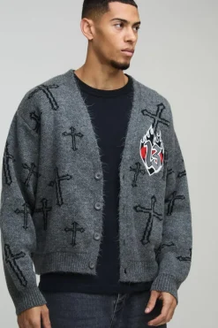 Store boohooMAN Oversized Boxy Cross Graphic Brushed Knitted Cardigan grey