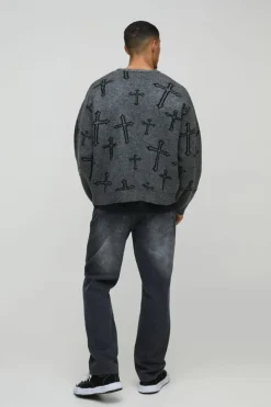Store boohooMAN Oversized Boxy Cross Graphic Brushed Knitted Cardigan grey