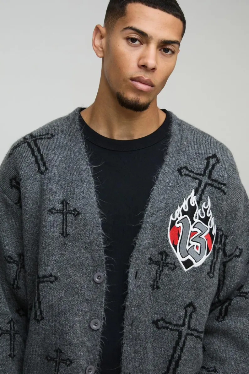 Store boohooMAN Oversized Boxy Cross Graphic Brushed Knitted Cardigan grey